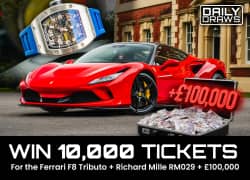 Win 10,000 Tickets bundle for the Ferrari F8, Richard Mille RM029 & £100k Draw from Elite Competitions worth £198 - 9p entry
