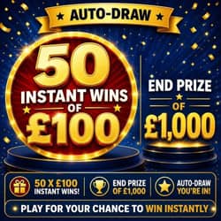 Win Auto-Draw: £1,000 Tax Free Cash + 50 x £100 Instants from Prize Paradise - 25p entry